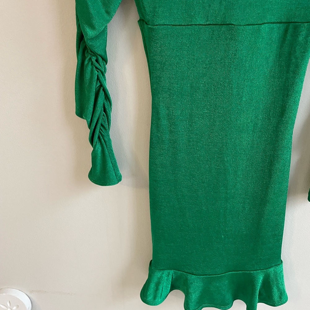 ASOS GREEN LONG RUCHED SLEEVE DRESS ADJUSTABLE RUCHED FRONT RUFFLES BELL CUFFS - Picture 9 of 10